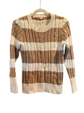 J. Crew Striped Cable-Knit Crewneck Sweater in Cream and Tan